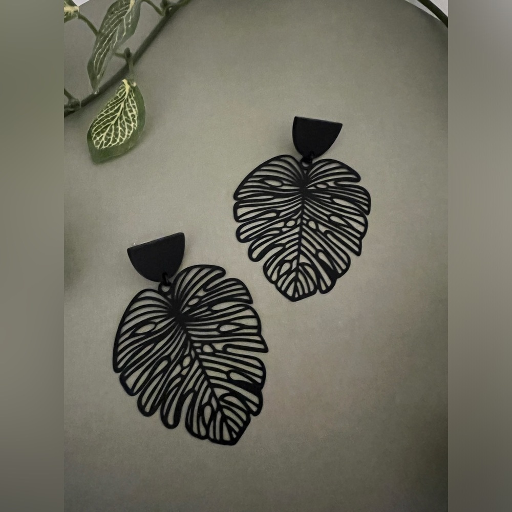 Classic Black Leaf Statement Earrings - Large Boh… - image 1